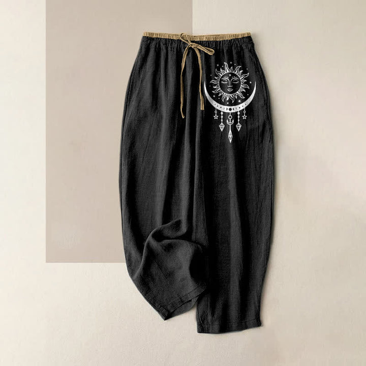 Buddha Stones Pure Cotton Celestial Sun Moon Pattern Women's Elastic Waist Pants With Pockets - Black - US16，UK/AU20，EU48 (3XL) - image 5