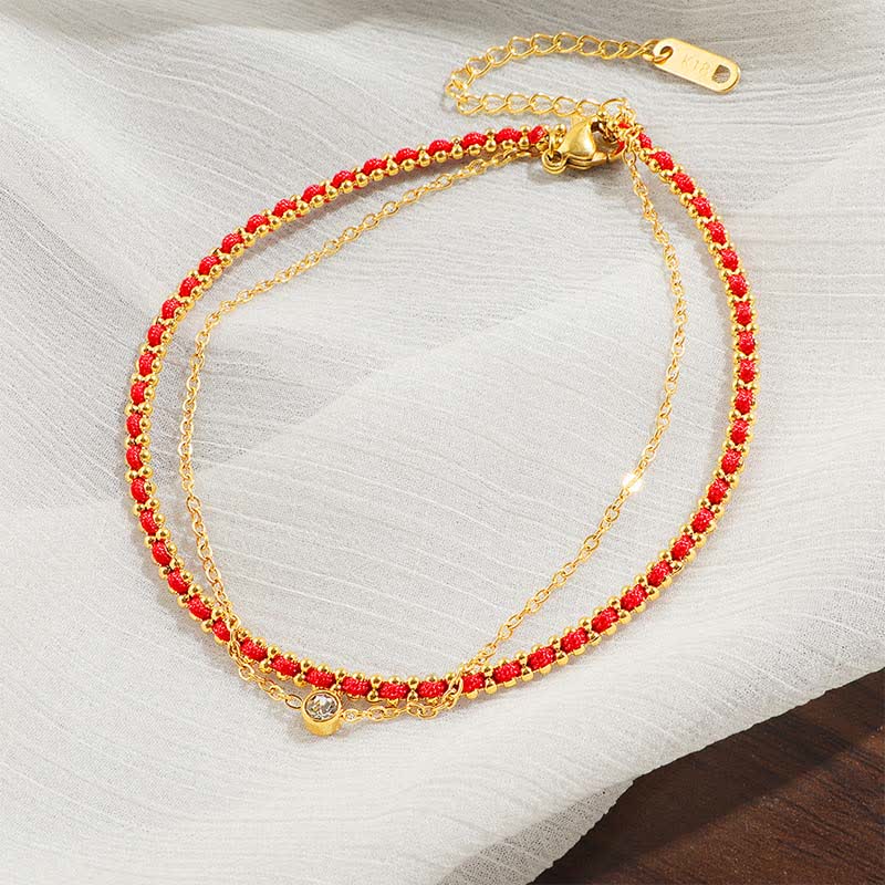 Buddha Stones Titanium Steel Red String Faith Double Wrap Anklet - image 1