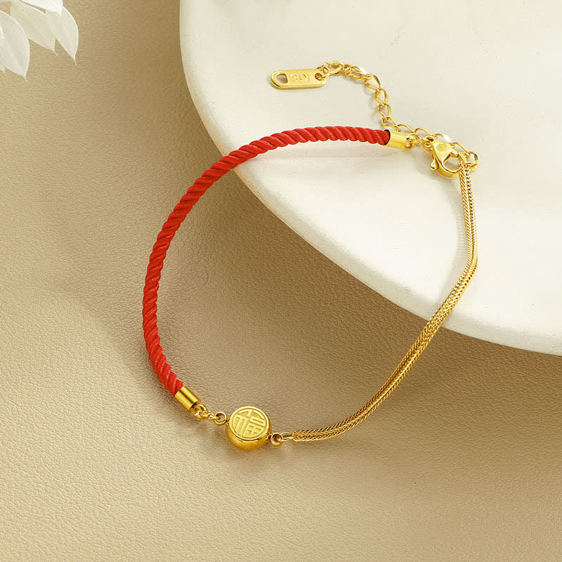 Buddha Stones Titanium Steel Fu Character Red String Blessing Braided Anklet - image 1