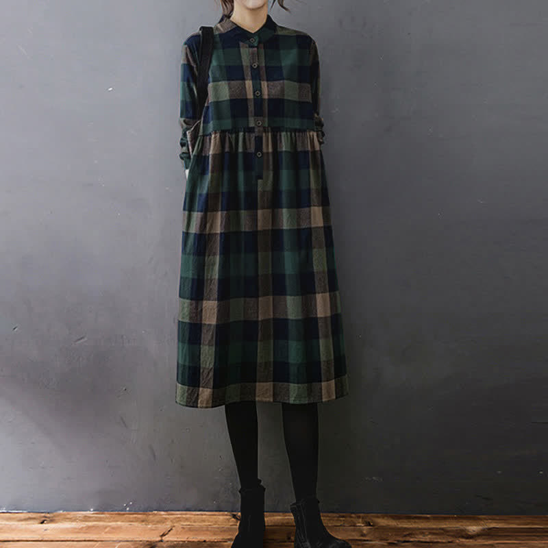 Buddha Stones Commute Patchwork Color Plaid Long Sleeve Midi Dress - DarkGreen DarkBlue Plaid - US8-10，UK/AU12-14，EU40-42 (2XL) - image 0