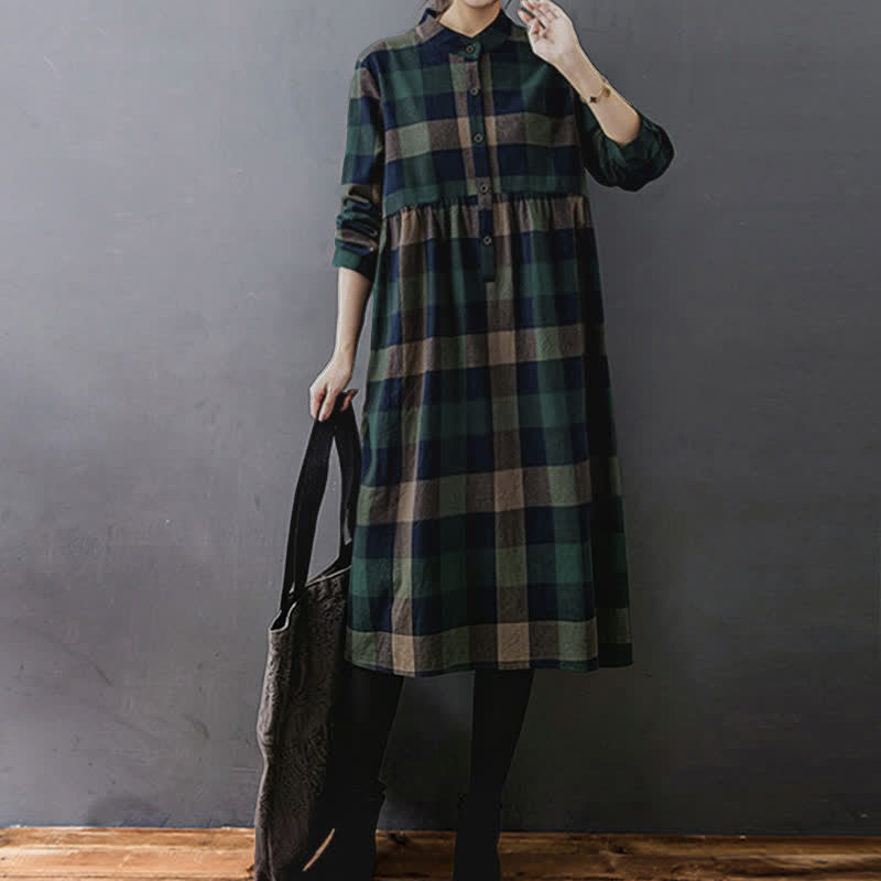 Buddha Stones Commute Patchwork Color Plaid Long Sleeve Midi Dress - image 2