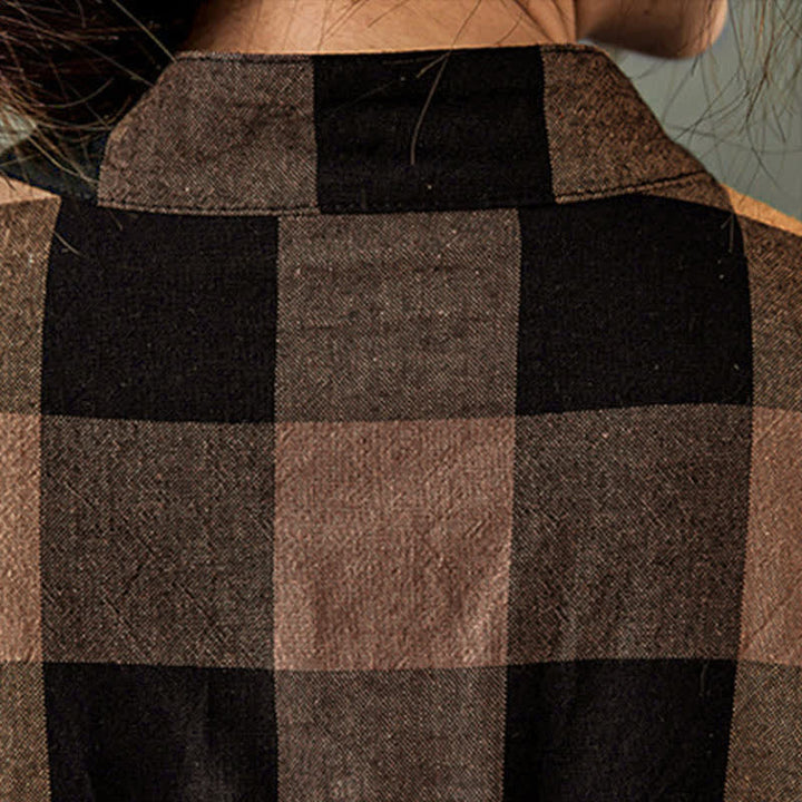 Buddha Stones Commute Patchwork Color Plaid Long Sleeve Midi Dress - image 12