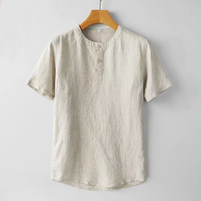 Buddha Stones Solid Color Short Sleeve Two Top Buttons Polyseter Linen Men's Shirt - Beige - US/UK/AU44，EU54 (4XL) - image 4