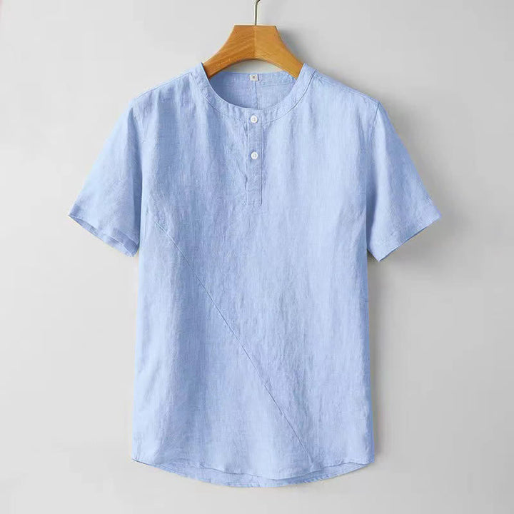 Buddha Stones Solid Color Short Sleeve Two Top Buttons Polyseter Linen Men's Shirt - LightSkyBlue - US/UK/AU44，EU54 (4XL) - image 6