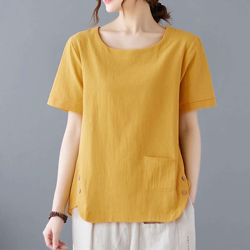 Buddha Stones Side Slit Design Women's Cotton Polyester Crew Neck Short Sleeve T-Shirt Wtih Pocket - Yellow - US14，UK/AU18，EU46 (4XL) - image 0