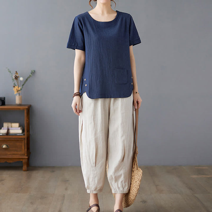 Buddha Stones Side Slit Design Women's Cotton Polyester Crew Neck Short Sleeve T-Shirt Wtih Pocket - image 23