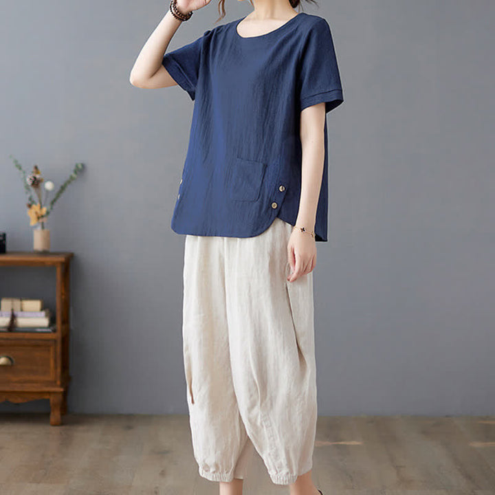 Buddha Stones Side Slit Design Women's Cotton Polyester Crew Neck Short Sleeve T-Shirt Wtih Pocket - image 24
