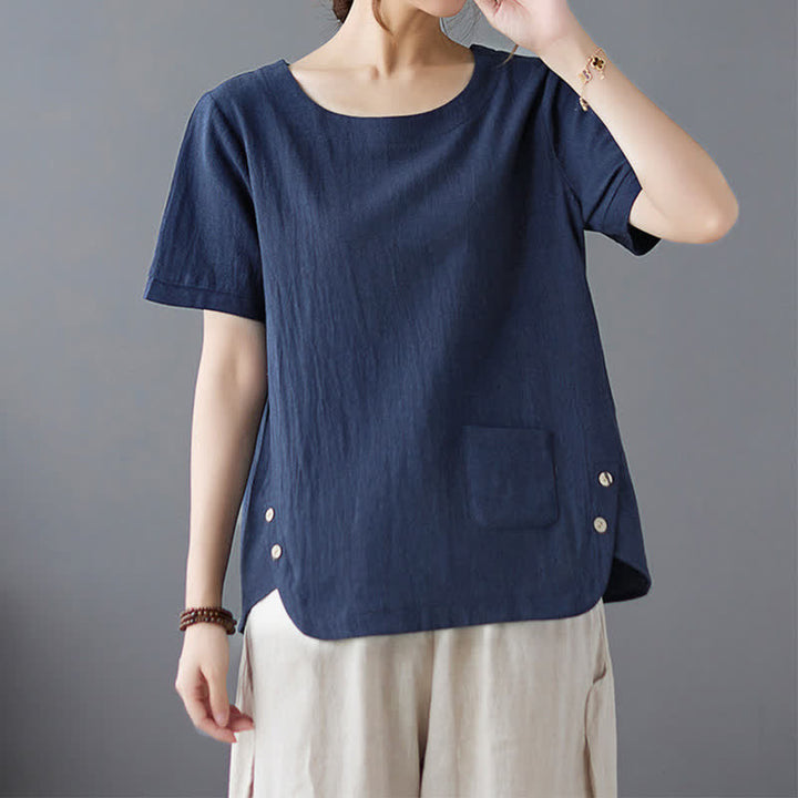 Buddha Stones Side Slit Design Women's Cotton Polyester Crew Neck Short Sleeve T-Shirt Wtih Pocket - Navy - US14，UK/AU18，EU46 (4XL) - image 18