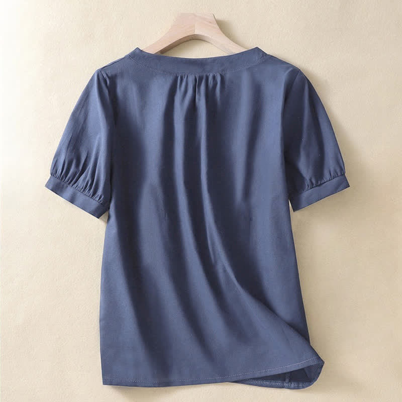 Buddha Stones Casual Women's Plain Crew Neck Button Design Half Sleeve Linen Shirt - image 7