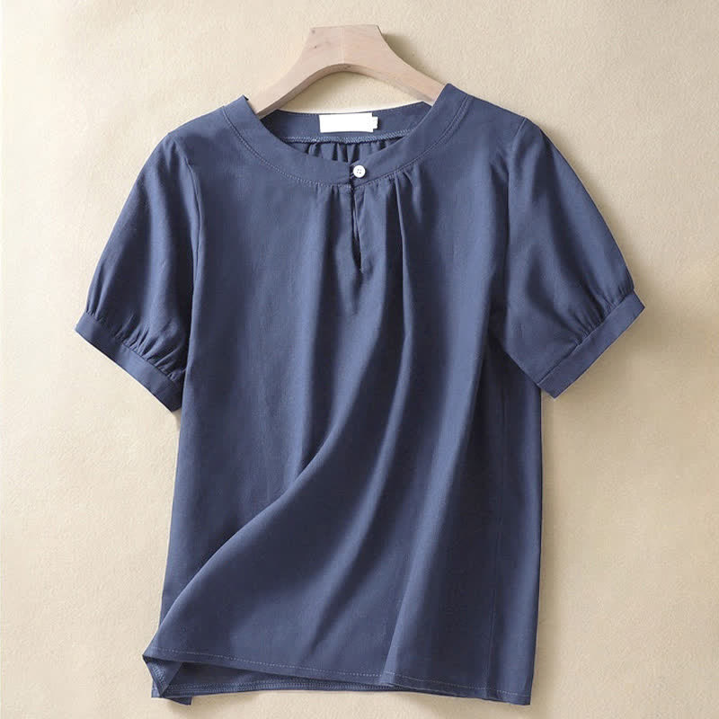 Buddha Stones Casual Women's Plain Crew Neck Button Design Half Sleeve Linen Shirt - Navy - US8-10，UK/AU12-14，EU40-42 (2XL) - image 6