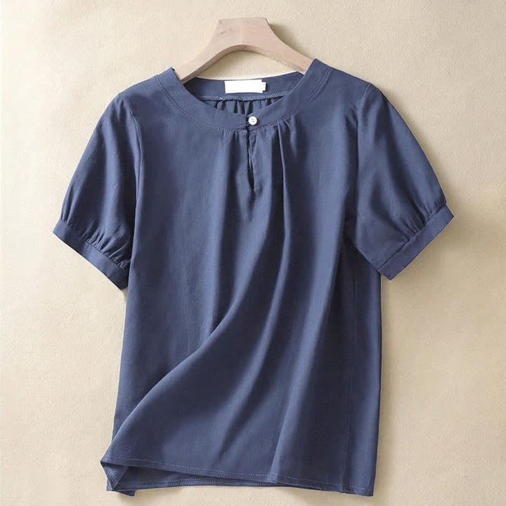 Buddha Stones Casual Women's Plain Crew Neck Button Design Half Sleeve Linen Shirt - Navy - US8-10，UK/AU12-14，EU40-42 (2XL) - image 6
