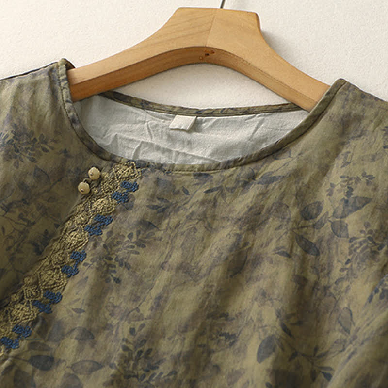 Buddha Stones Embroidery Design Leaves Women's Cotton Linen Three Quarter Sleeve Shirt - image 15
