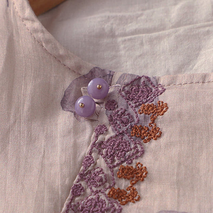 Buddha Stones Embroidery Design Leaves Women's Cotton Linen Three Quarter Sleeve Shirt - image 6