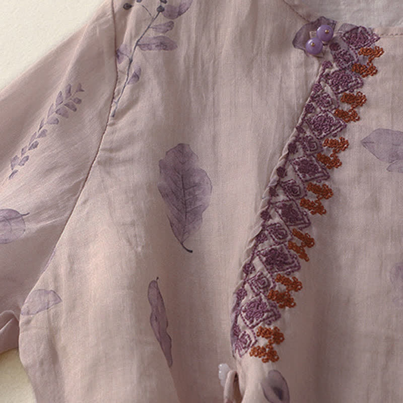 Buddha Stones Embroidery Design Leaves Women's Cotton Linen Three Quarter Sleeve Shirt - image 5