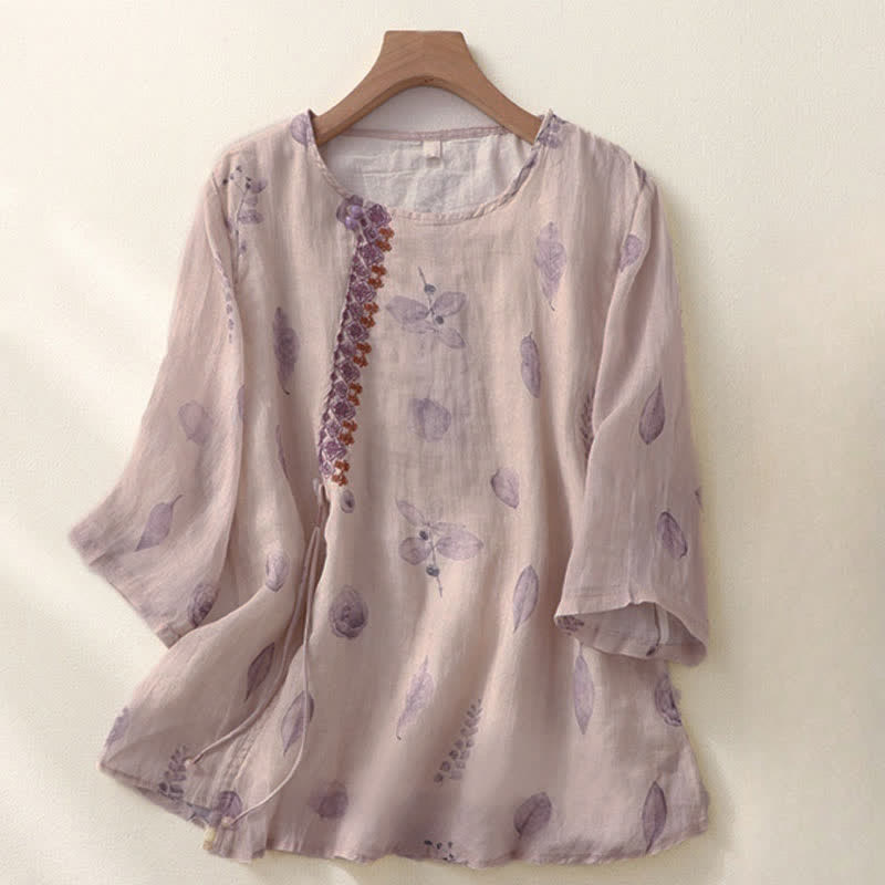 Buddha Stones Embroidery Design Leaves Women's Cotton Linen Three Quarter Sleeve Shirt - Thistle - US12，UK/AU16，EU44 (2XL) - image 0