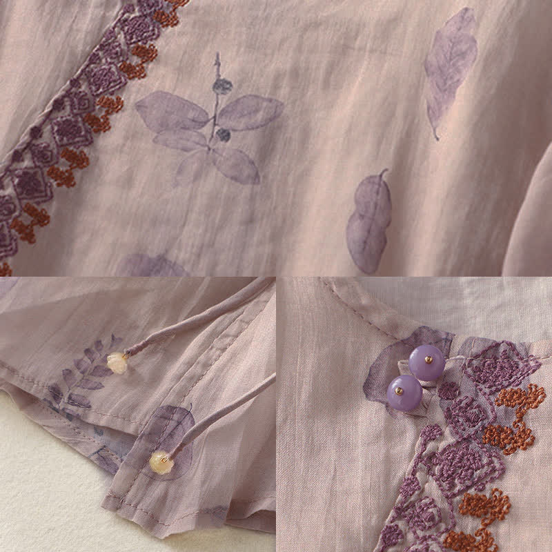 Buddha Stones Embroidery Design Leaves Women's Cotton Linen Three Quarter Sleeve Shirt - image 11