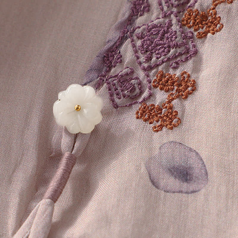 Buddha Stones Embroidery Design Leaves Women's Cotton Linen Three Quarter Sleeve Shirt - image 7