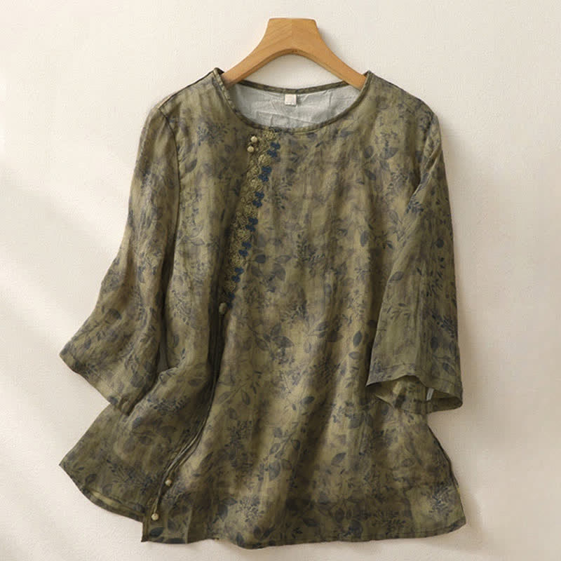 Buddha Stones Embroidery Design Leaves Women's Cotton Linen Three Quarter Sleeve Shirt - OliveDrab - US12，UK/AU16，EU44 (2XL) - image 14