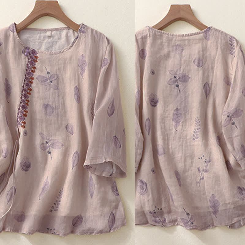 Buddha Stones Embroidery Design Leaves Women's Cotton Linen Three Quarter Sleeve Shirt - image 2