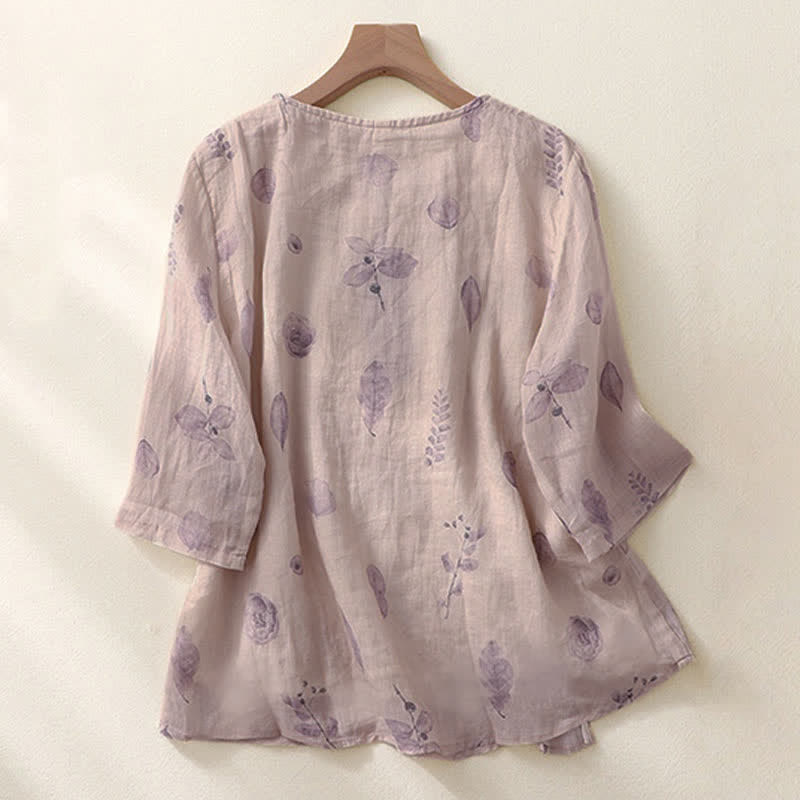 Buddha Stones Embroidery Design Leaves Women's Cotton Linen Three Quarter Sleeve Shirt - image 1
