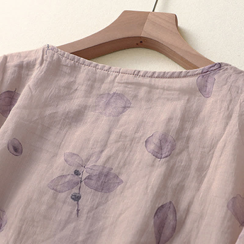 Buddha Stones Embroidery Design Leaves Women's Cotton Linen Three Quarter Sleeve Shirt - image 4