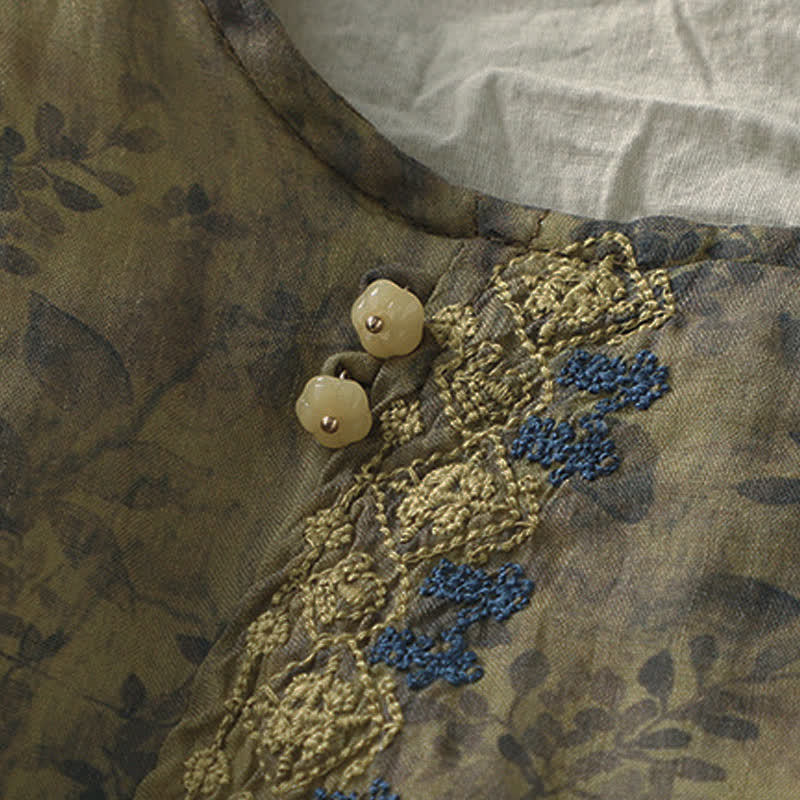 Buddha Stones Embroidery Design Leaves Women's Cotton Linen Three Quarter Sleeve Shirt - image 16