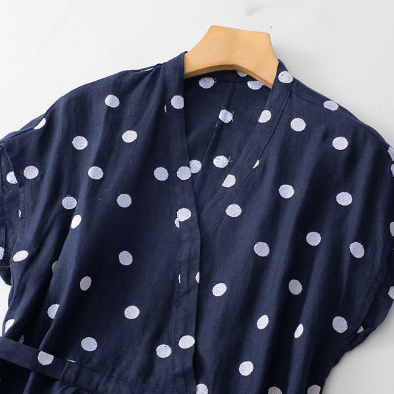 Buddha Stones Polka Dot V-Neck Lace-up Women's Midi Dress With Pockets - image 1