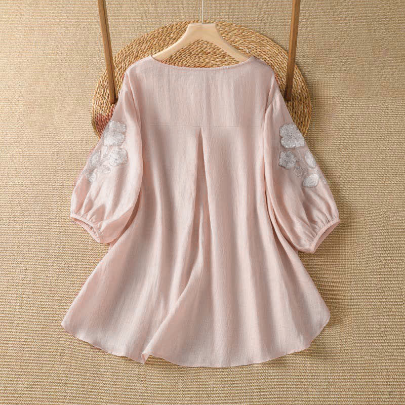 Buddha Stones Summer Casual Elegant Embroidery White Floral Crew Neck Women's Long Sleeve T-Shirt - image 1
