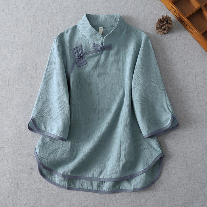 Buddha Stones Summer Tang Style Minimalist Mandarin Collar Frog Button Solid Women's Short Sleeve Shirts - PowderBlue - US12, UK/AU16, EU44 (3XL) - image 6