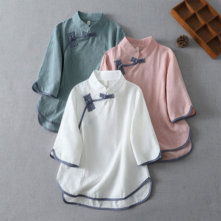 Buddha Stones Summer Tang Style Minimalist Mandarin Collar Frog Button Solid Women's Short Sleeve Shirts - image 0