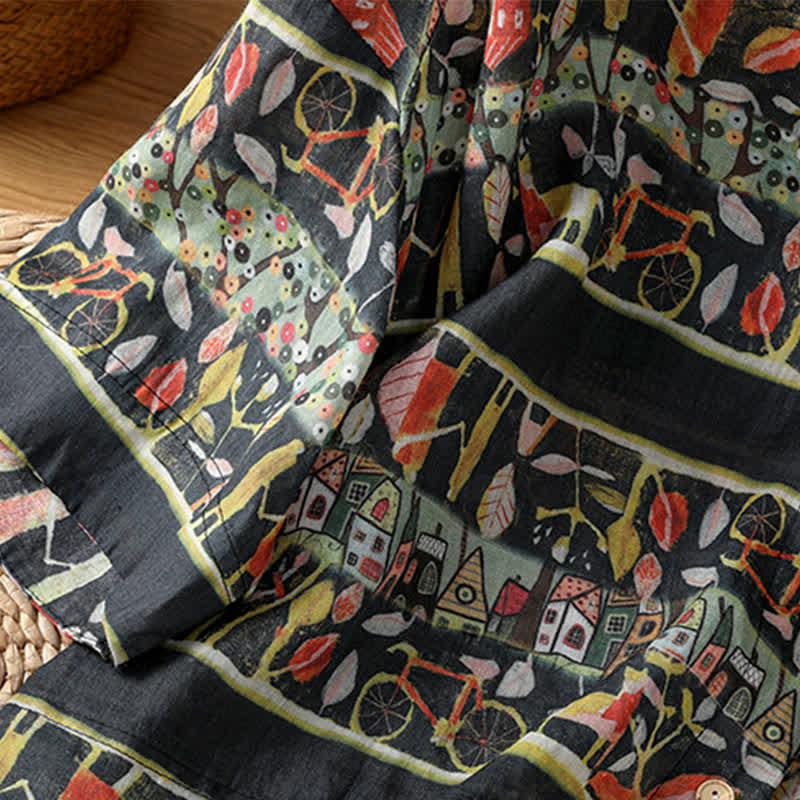 Buddha Stones Plant Printed V-neck Button Design Women's Polyester Three Quarter Sleeve Shirt - image 14