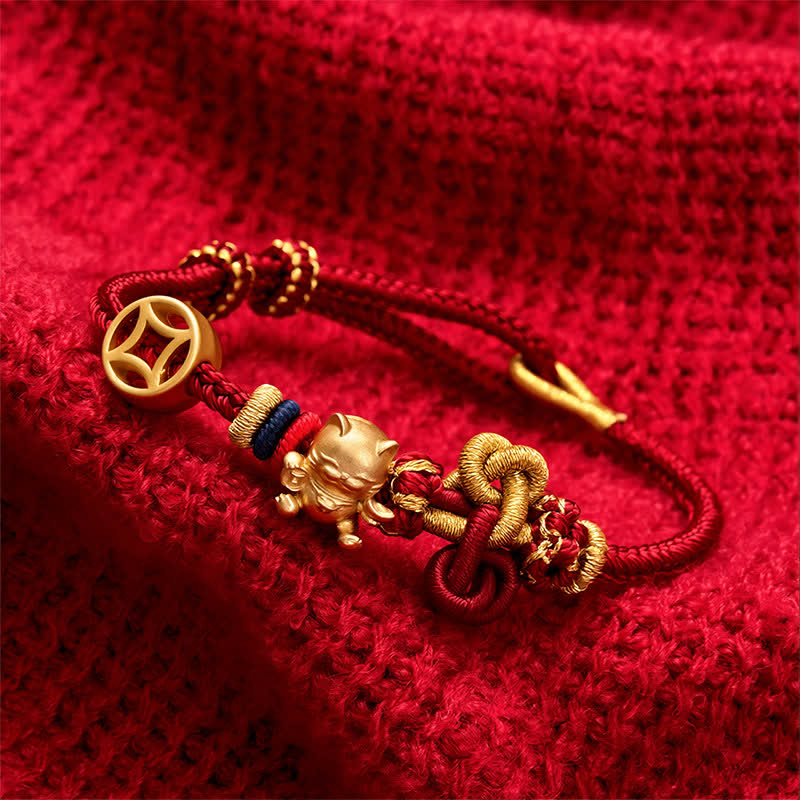 Buddha Stones Golden Lucky Cat Red String Protection Braided Bracelet - image 2