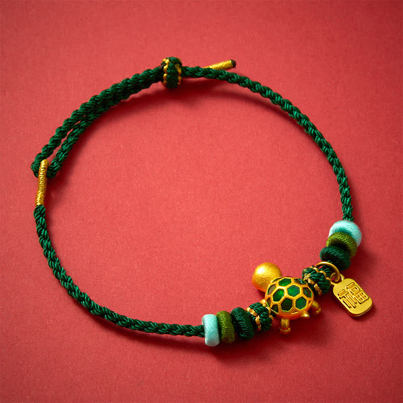 Buddha Stones Hand-Woven Red String Turtle Fu Character Endurance Bracelet - Green String - image 0