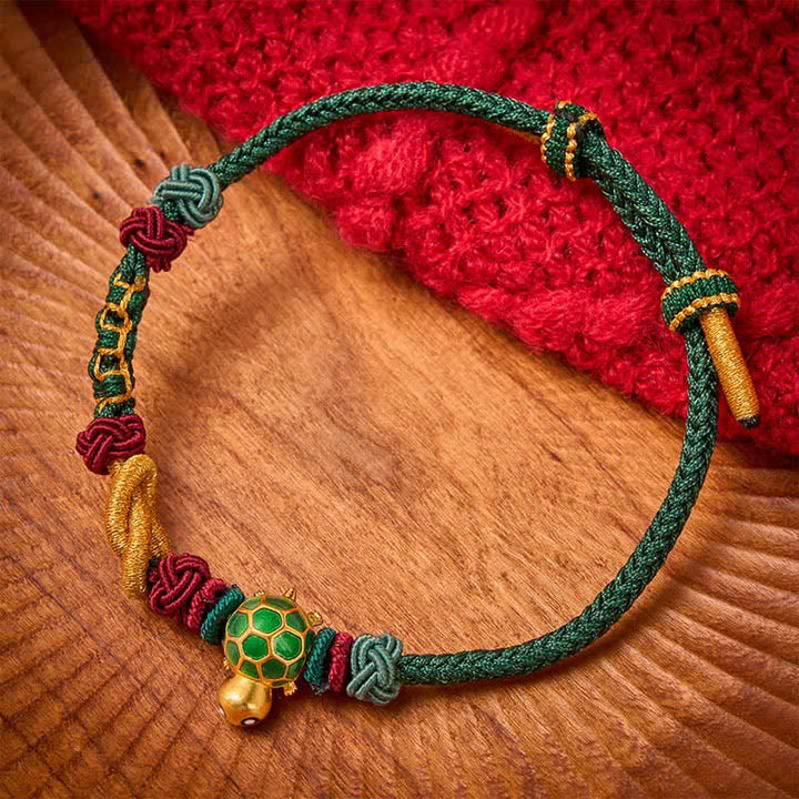 Buddha Stones Hand-Woven Copper Turtle Red String Protection Bracelet - Green String - image 0