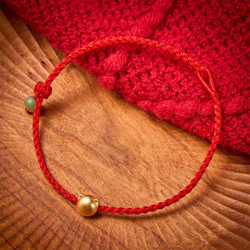 Buddha Stones Copper Cat Head Jade Red String Connection Bracelet - image 1