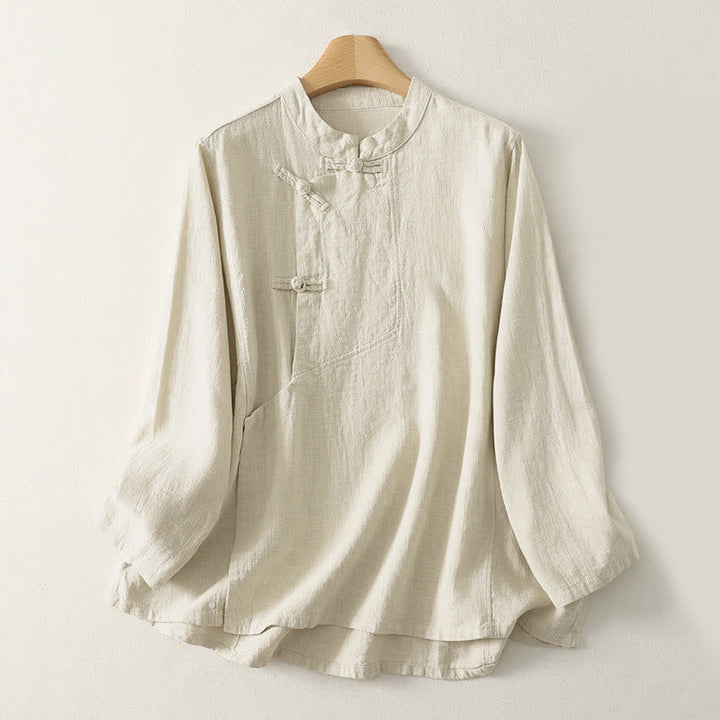 Buddha Stones Casual Plain Frog-buttons Women's Long Sleeve Shirt - Beige - US8-10，UK/AU12-14，EU40-42 (2XL) - image 6