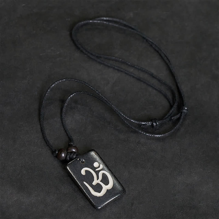 Buddha Stones Hand Carved Bone Bead OM Tibetan Mindfulness Pendant Necklace - image 1