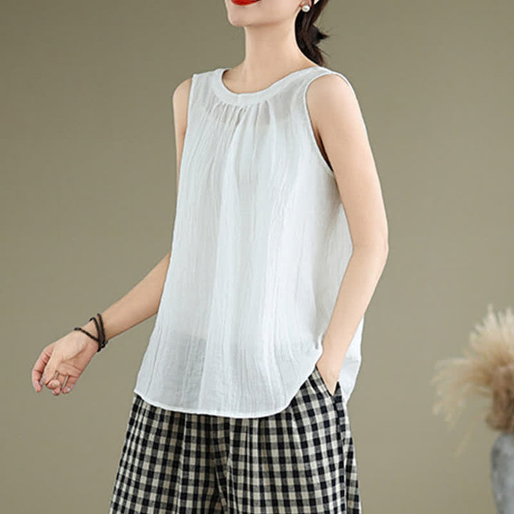 Buddha Stones Summer Wrinkles Simple Design Crew Neck Women's Sleeveless Vest Waistcoat - image 14
