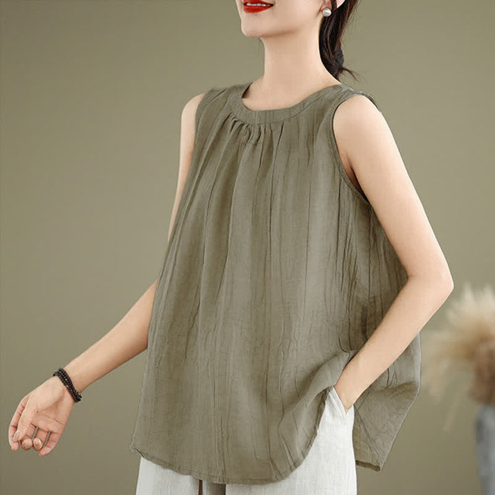 Buddha Stones Summer Wrinkles Simple Design Crew Neck Women's Sleeveless Vest Waistcoat - image 2