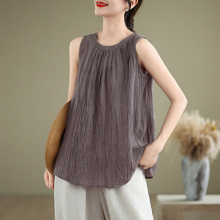 Buddha Stones Summer Wrinkles Simple Design Crew Neck Women's Sleeveless Vest Waistcoat - Plum - US8-10，UK/AU12-14，EU40-42 (2XL) - image 20