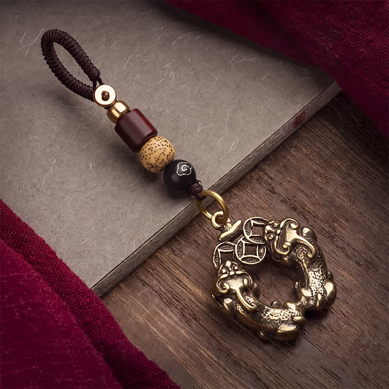 Buddha Stones Vintage Double Pi Xiu Chinese Coin Wealth Brass Keychains - image 1