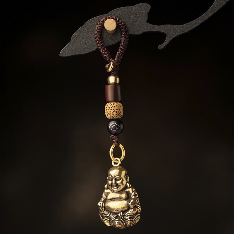 Buddha Stones Brass Laughing Buddha Grounding Luck Braided Keychains - Laughing Buddha With Rope(Pendant Size: 33*22*0.8mm) - image 0