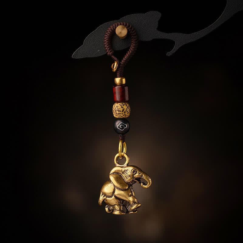 Buddha Stones Vintage Brass Elephant Five Emperor Coins Luck Keychains - Elephant With Auspicious Cloud Cord - image 0