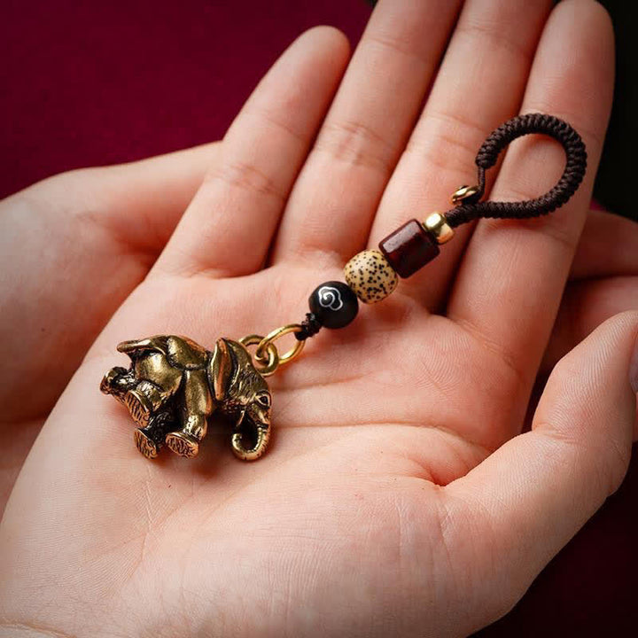 Buddha Stones Vintage Brass Elephant Five Emperor Coins Luck Keychains - image 3