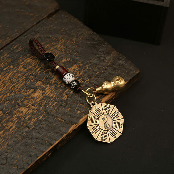 Buddha Stones Vintage Brass Bagua Pi Xiu Five Emperor Coins Pendant Protection Yin Yang Keychains - Bagua Plaque And Gourd - image 2