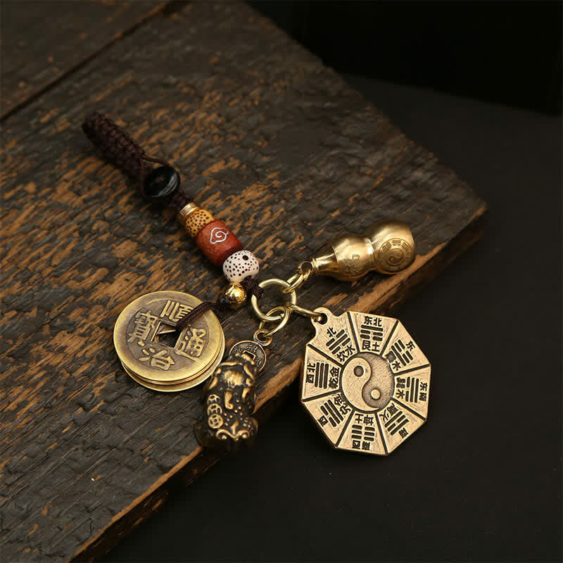 Buddha Stones Vintage Brass Bagua Pi Xiu Five Emperor Coins Pendant Protection Yin Yang Keychains - Bagua With Gourd Five Emperor Coins And Pi Xiu - image 4