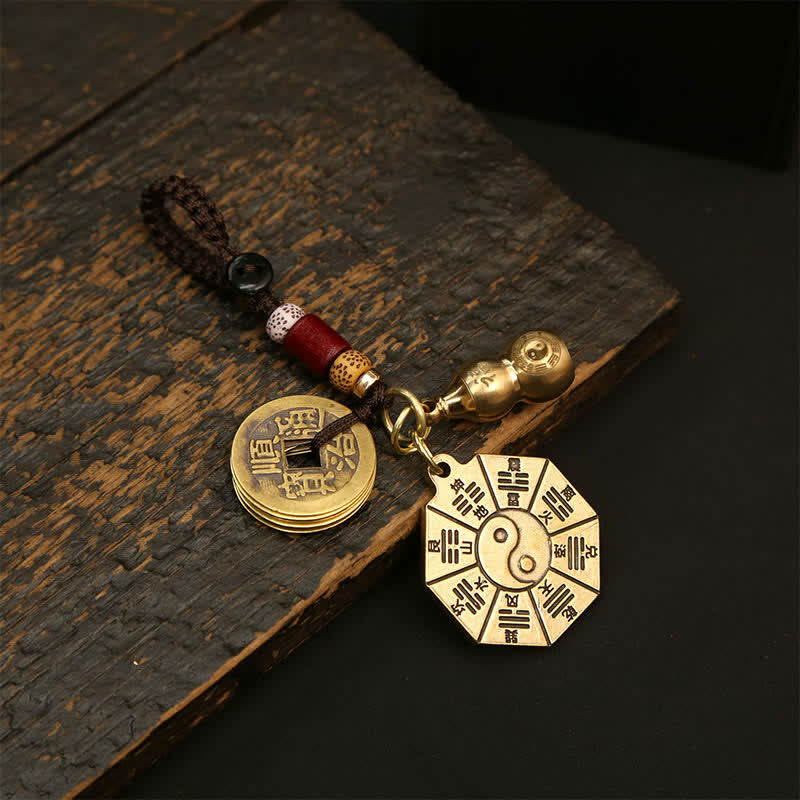 Buddha Stones Vintage Brass Bagua Pi Xiu Five Emperor Coins Pendant Protection Yin Yang Keychains - Bagua Plaque With Gourd And Five Emperor Coins - image 3