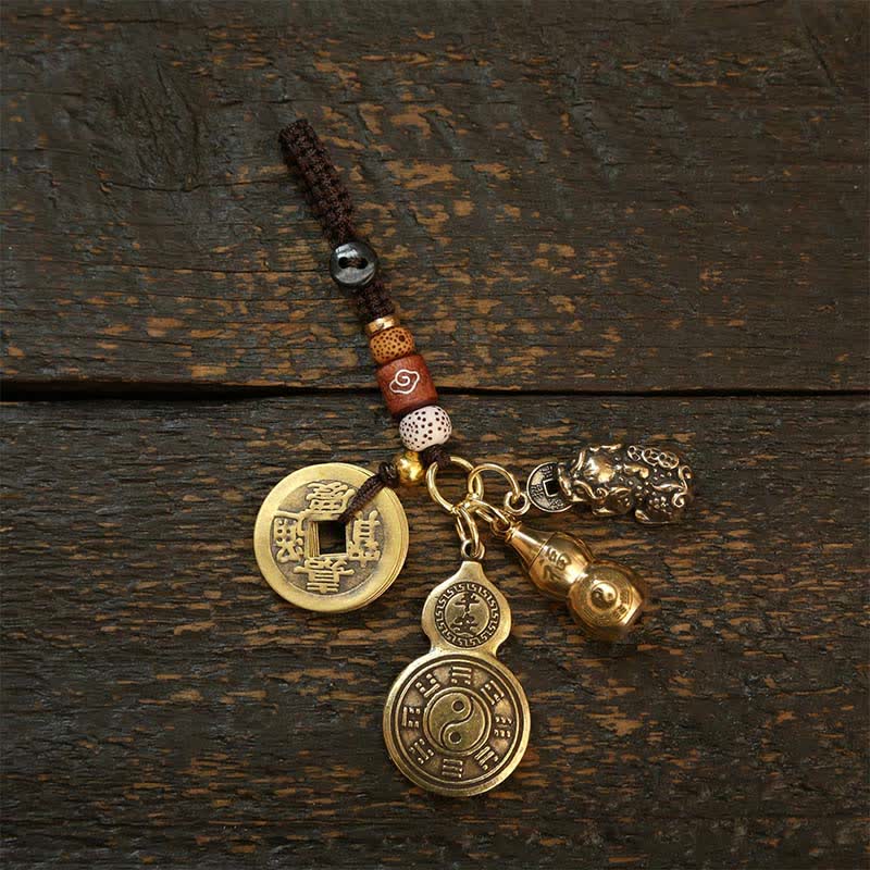 Buddha Stones Brass Bagua Gourd Pi Xiu Five Emperor Coins Pendant Protection Amulet Keychains - Two Models Of Bagua Gourds With Pi Xiu And Five Emperor Coins - image 4