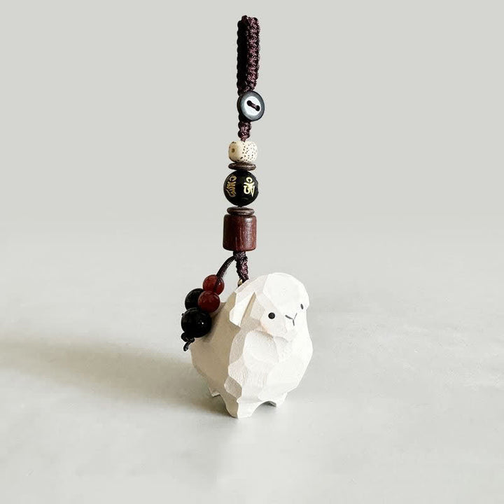 Buddha Stones Linden Wood Lamb Om Mani Padme Hum Plum Bossom Hand-carved Keychains - Lamb - Om Mani Padme Hum - image 4