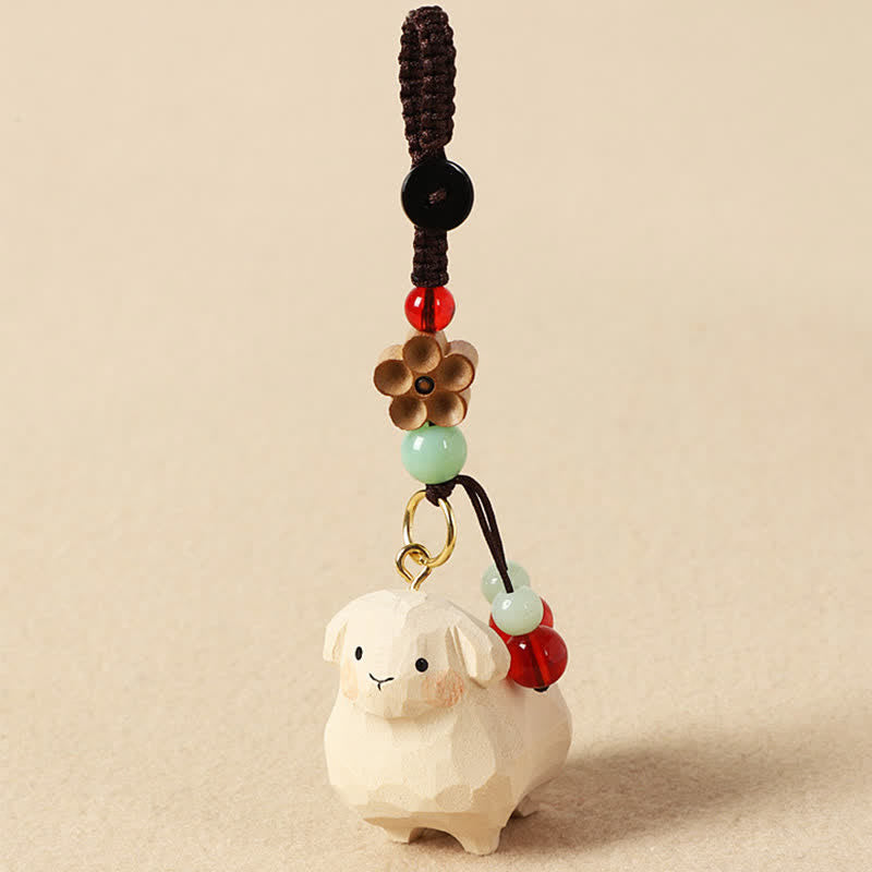 Buddha Stones Linden Wood Lamb Om Mani Padme Hum Plum Bossom Hand-carved Keychains - image 1